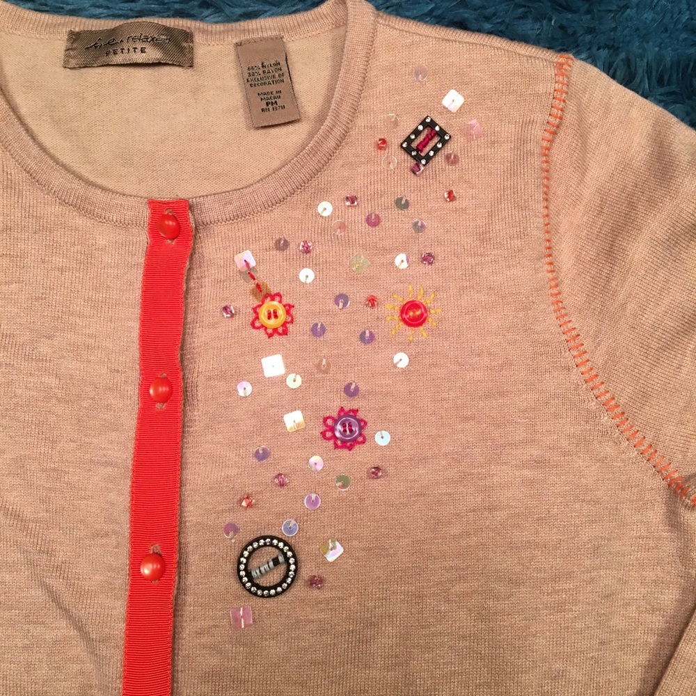 i.e. relaxed petite tan cardigan sweater beads PM